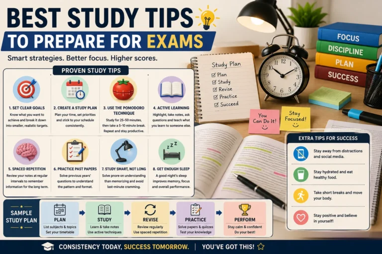the best study tips for exam preparation, including proven study techniques, time management strategies, active recall, spaced repetition, effective revision methods