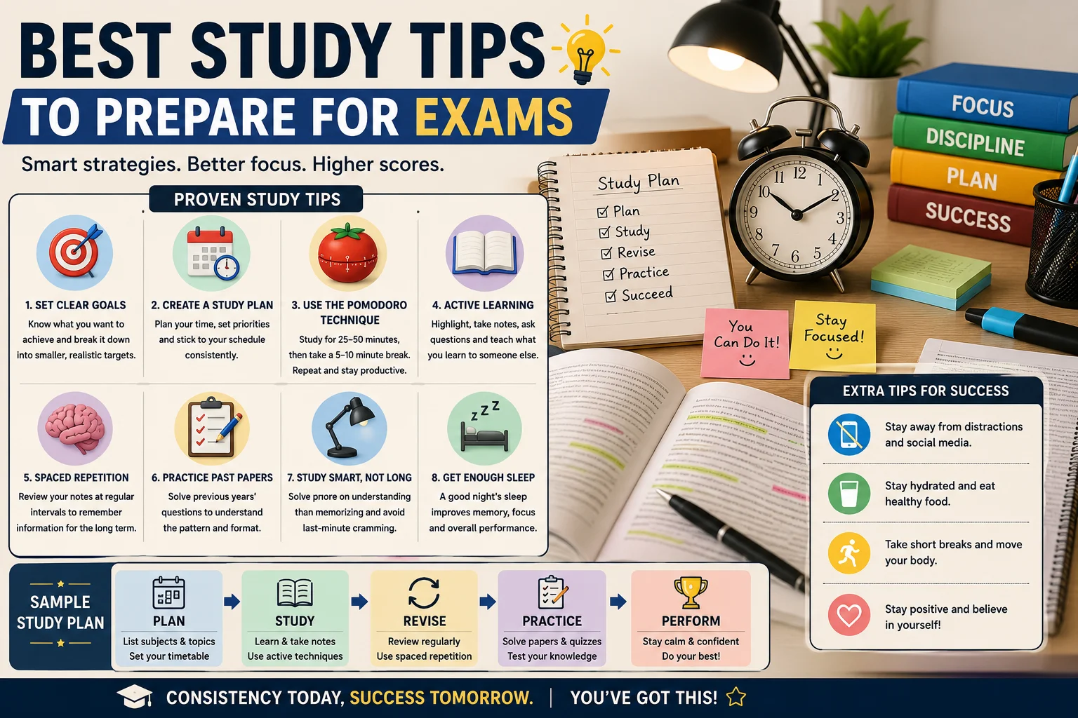 the best study tips for exam preparation, including proven study techniques, time management strategies, active recall, spaced repetition, effective revision methods