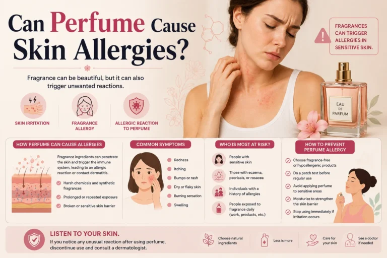 how perfume allergy can cause skin irritation, featuring a person experiencing redness and itching after using fragrance