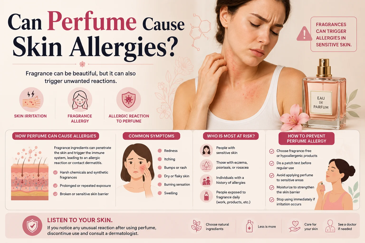 how perfume allergy can cause skin irritation, featuring a person experiencing redness and itching after using fragrance