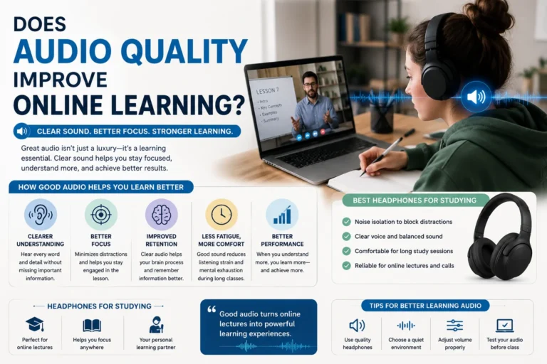 how audio quality for online learning improves focus and comprehension, featuring a student wearing headphones for studying during online lectures