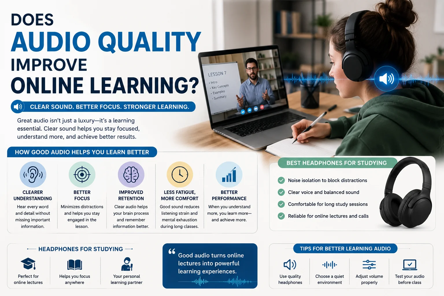 how audio quality for online learning improves focus and comprehension, featuring a student wearing headphones for studying during online lectures