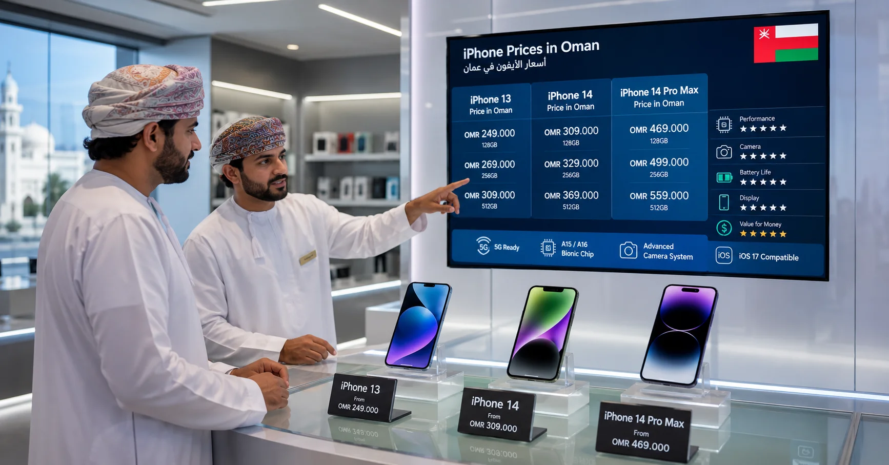 أسعار iPhone 13 وiPhone 14 وiPhone 14 Pro Max في عُمان داخل معرض حديث للهواتف الذكية