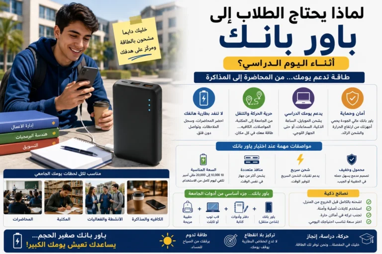 طالب جامعي يستخدم هاتفه مع باور بانك محمول أثناء الدراسة داخل الحرم الجامعي