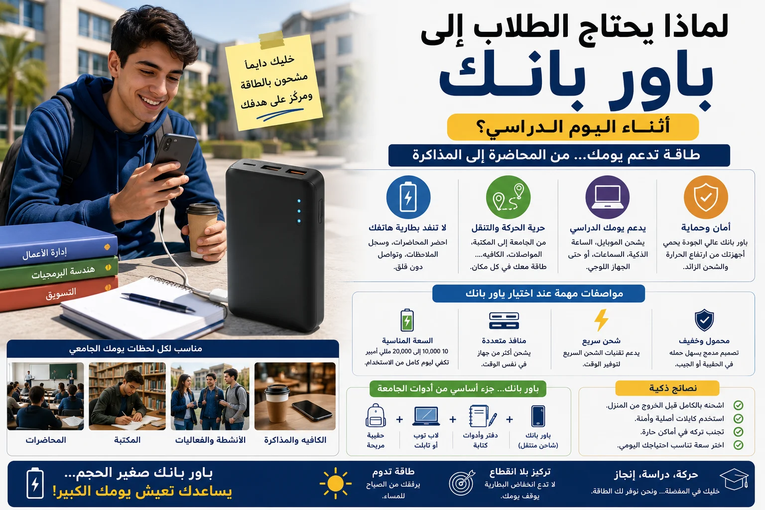طالب جامعي يستخدم هاتفه مع باور بانك محمول أثناء الدراسة داخل الحرم الجامعي